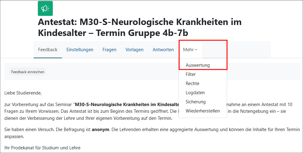 Kursinternes Menü im Antestat mit Klappmenü unter Mehr: Auswertung ist markiert