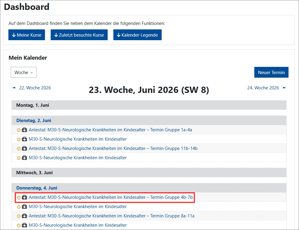 Dashboard: Antestat ist im Kalender markiert