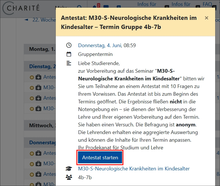 Im Kalender ist das Antestat aufgerufen. Der Button Antestat starten ist markiert.