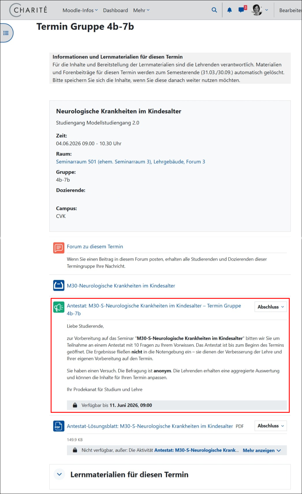 Kurshauptebene mit hervorgehobenem Antestat