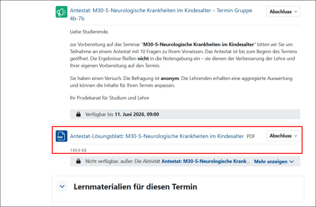 Kurshauptebene mit hervorgehobenem Lösungsblatt