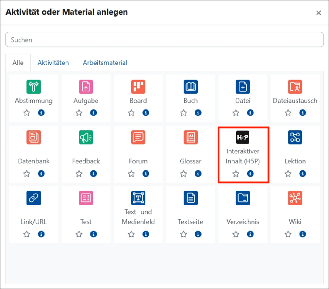 Übersicht: Aktivität oder Material anlegen; Das Icon Interaktiver Inhalt (H5P) ist markiert