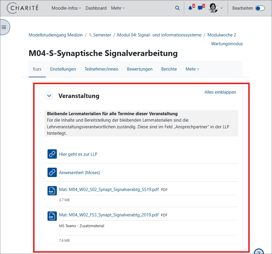 Im Kurs ist der Abschnitt Veranstaltung markiert.