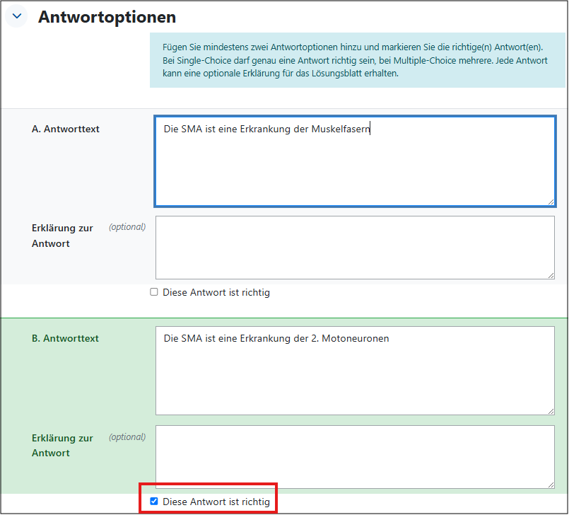 Eingabefelder für Antwortoptionen. Unter Antworttext B ist Checkbox "Diese Antwort ist richtig" markiert.