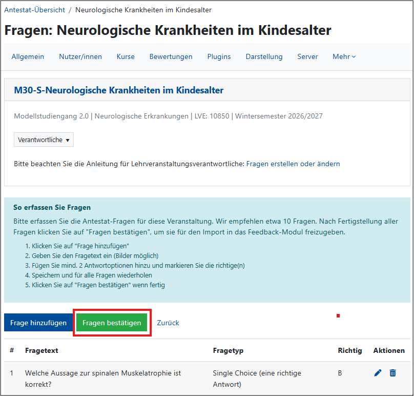 In Antestat-Übersicht ist der Button "Fragen bestätigen" hervorgehoben