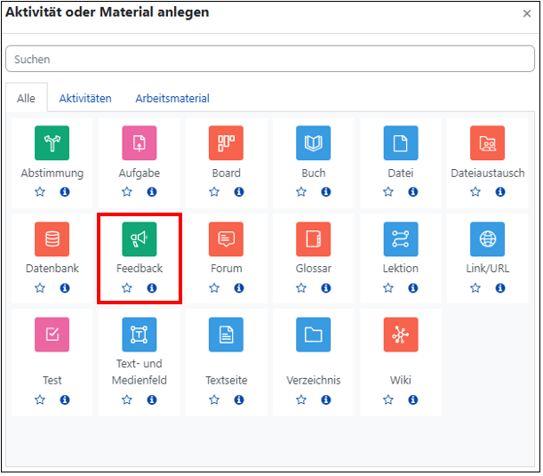 Das Bild zeigt die Übersicht über alle Aktivitäten und Materialien. Die Option "Feedback" ist markiert.