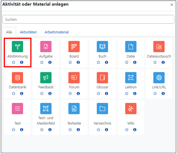 Das Bild zeigt die Übersicht über alle Aktivitäten und Materialien. Die Option "Abstimmung" ist markiert.