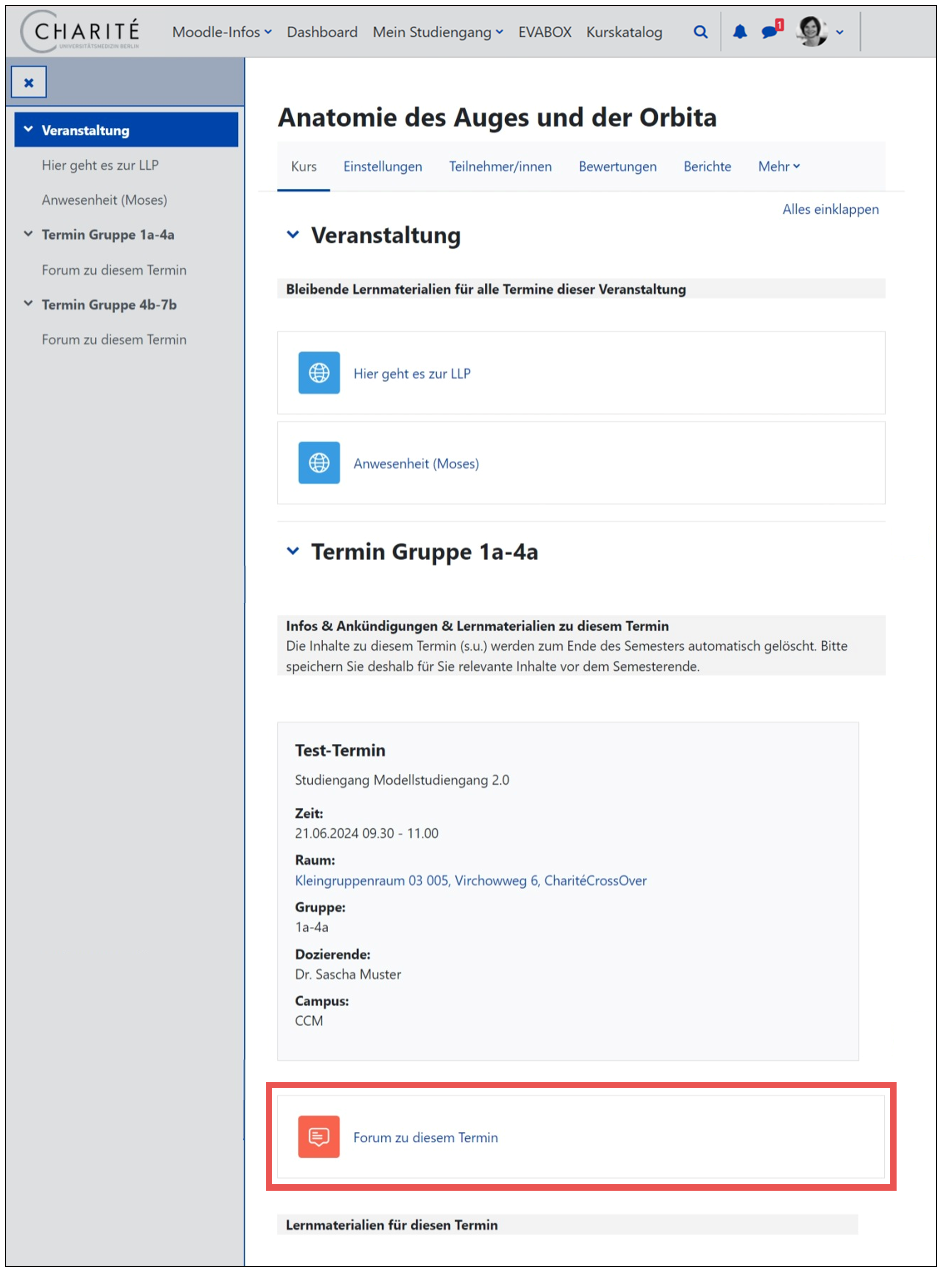 Aufbau eines Kurses in Moodle mit den Abschnitten "Veranstaltung" und "Termin Gruppe". "Forum zu diesem Termin" ist markiert.