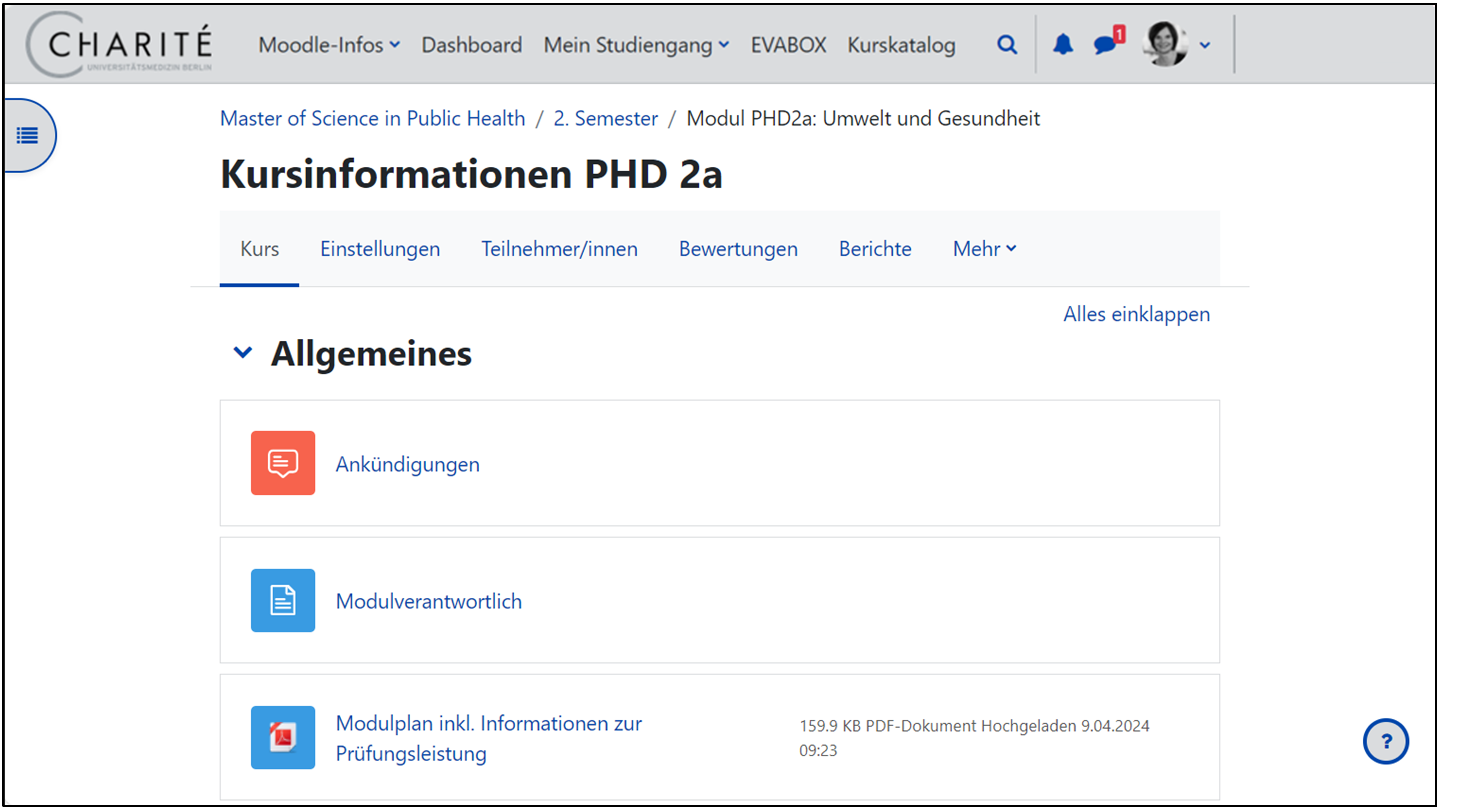 Die Hauptkursseite des Kurses "Kursinformationen PHD 2a". Im Abschnitt "Allgemeines" ist das Ankündigungsforum sichtbar.