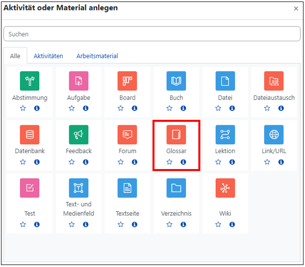 Das Bild zeigt die Übersicht über alle Aktivitäten und Materialien. Die Option "Glossar" ist markiert.