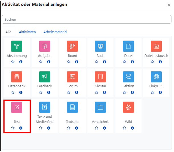 Das Bild zeigt die Übersicht über alle Aktivitäten und Materialien. Die Option "Test" ist markiert.