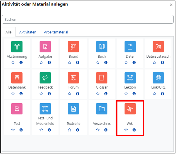 Das Bild zeigt die Übersicht über alle Aktivitäten und Materialien. Die Option "Wiki " ist markiert.