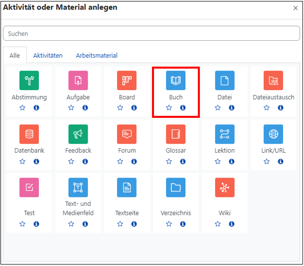 Das Bild zeigt die Übersicht über alle Aktivitäten und Materialien. Die Option "Buch " ist markiert.