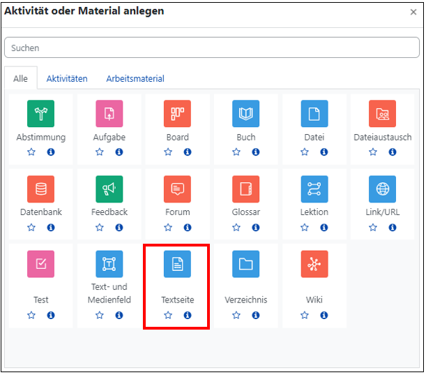 Das Bild zeigt die Übersicht über alle Aktivitäten und Materialien. Die Option "Textseite" ist markiert.