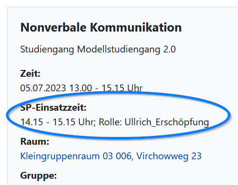 Es wird ein Termin-Eintrag in einem Moodle-Kurs gezeigt. Die SP-Einsatzzeit ist markiert.