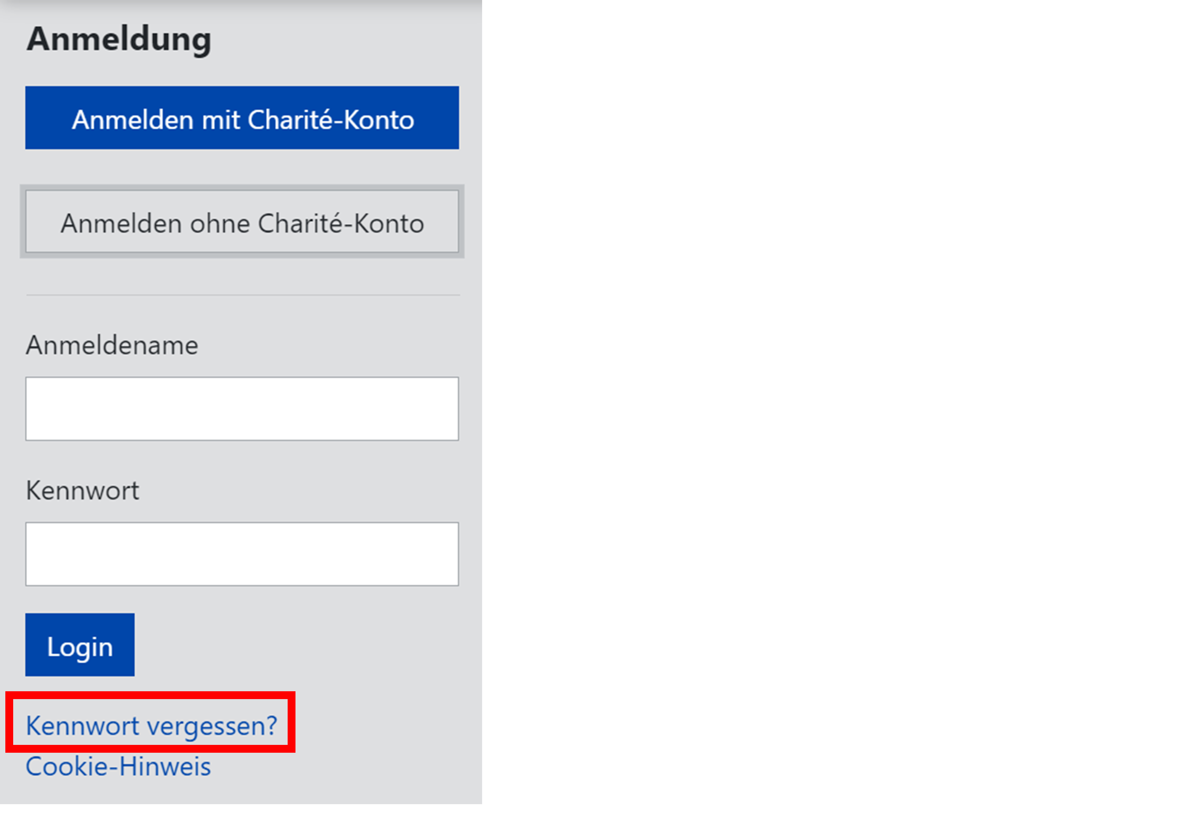 Im Anmeldebereich ist unterhalb der Eingabefelder für Anmeldename und Kennwort der Link "Kennwort vergessen?" sichtbar.