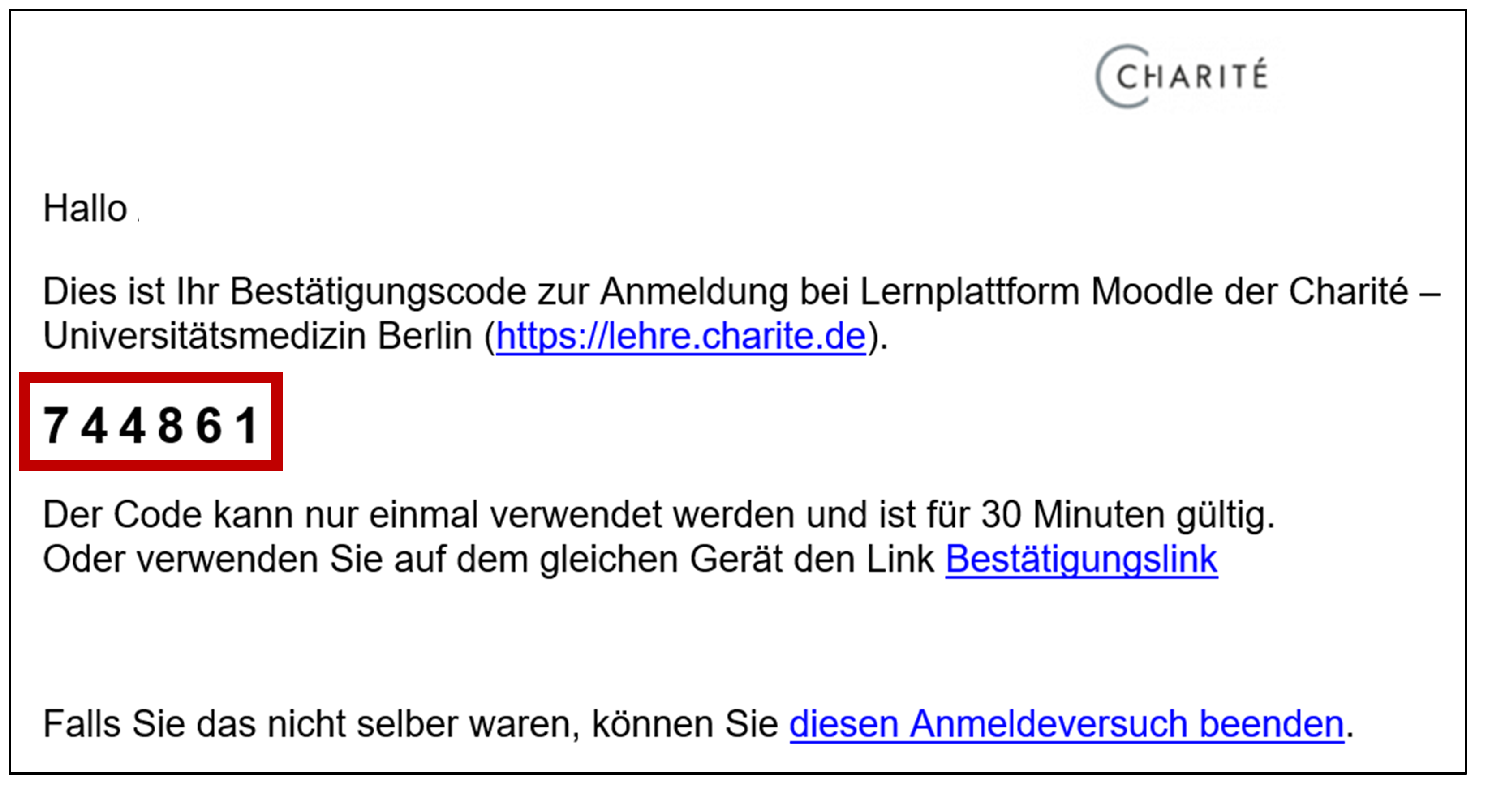 Mail mit hervorgehobenem Bestätigungscode zur Anmeldung