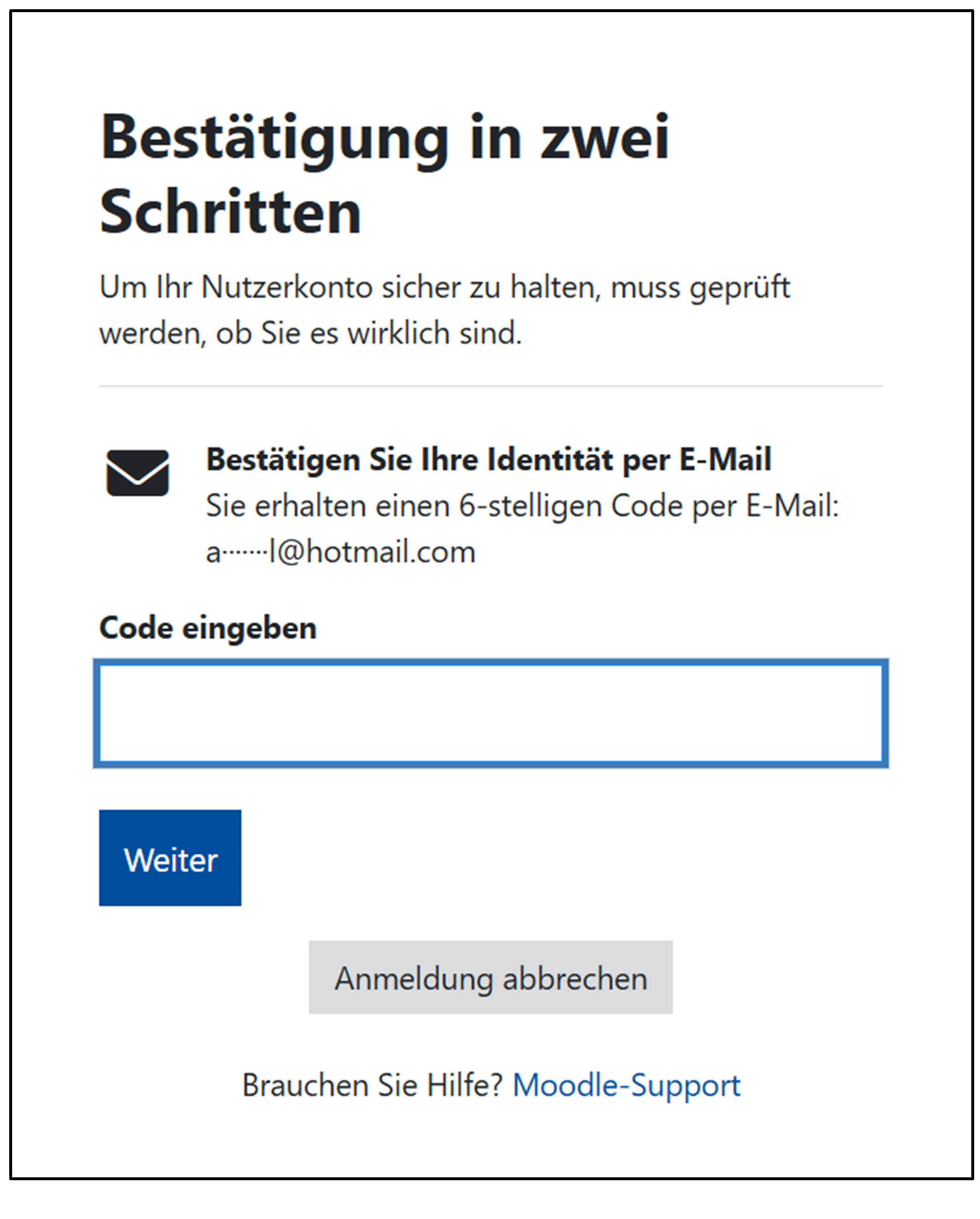 Eingabefenster für Bestätigungscode