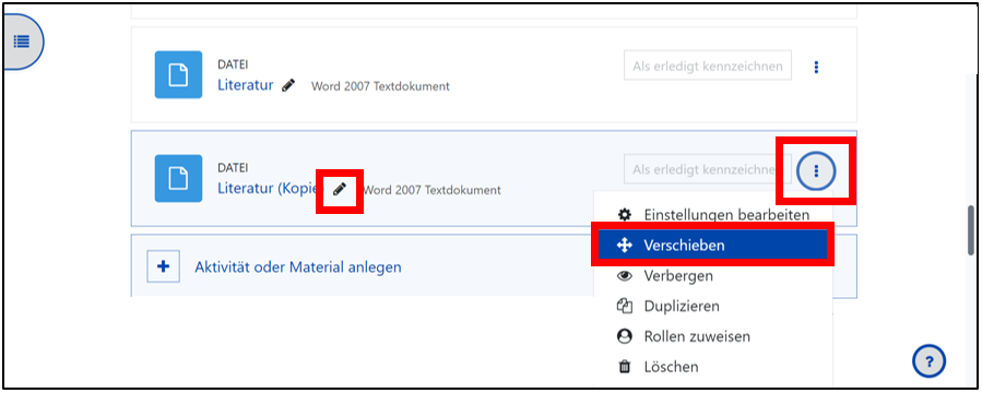 Das Bild zeigt, wie duplizierte Dateien über das Dreipunkt-Menü umbenannt und verschoben werden können.