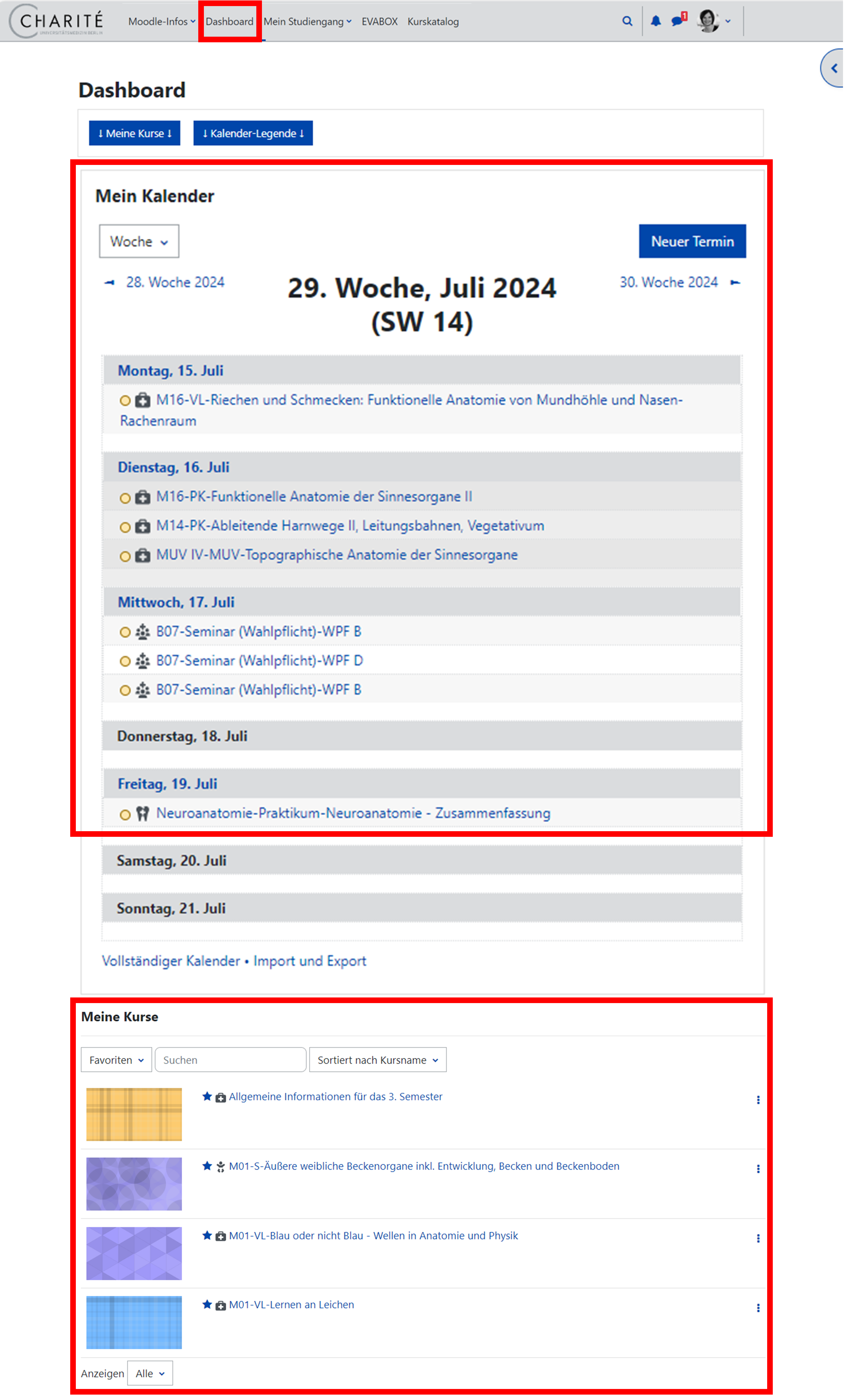 Das Dashboard: Der Kalender mit Lehrveranstaltungseinträgen sowie der Bereich "Meine Kurse" sind rot hervorgehoben.