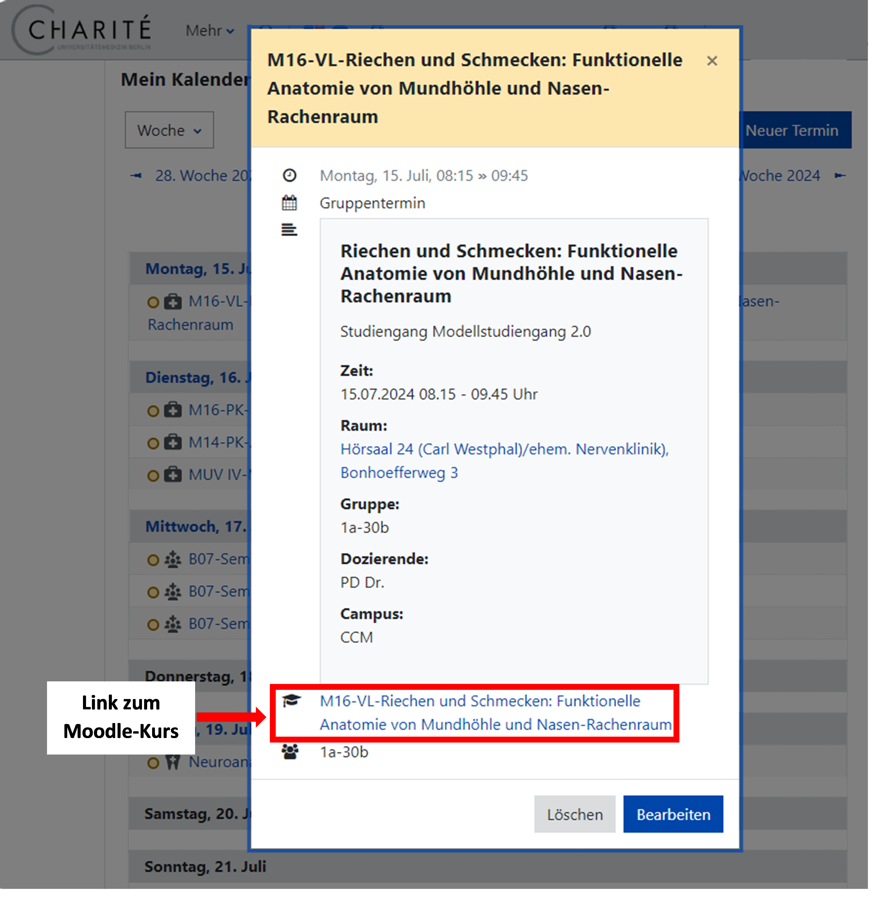 Ein geöffneter Kalendereintrag. Der Link zum Moodle-Kurs ist rot markiert.