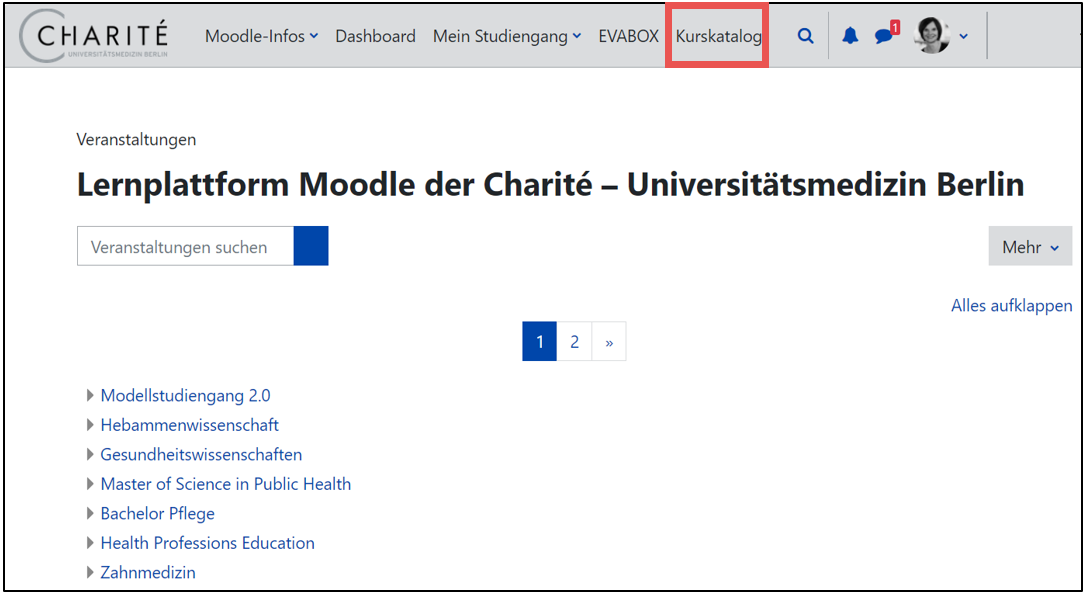 Das Bild zeigt die Oberfläche von Moodle. In der Kopfzeile ist „Kurskatalog“ markiert.