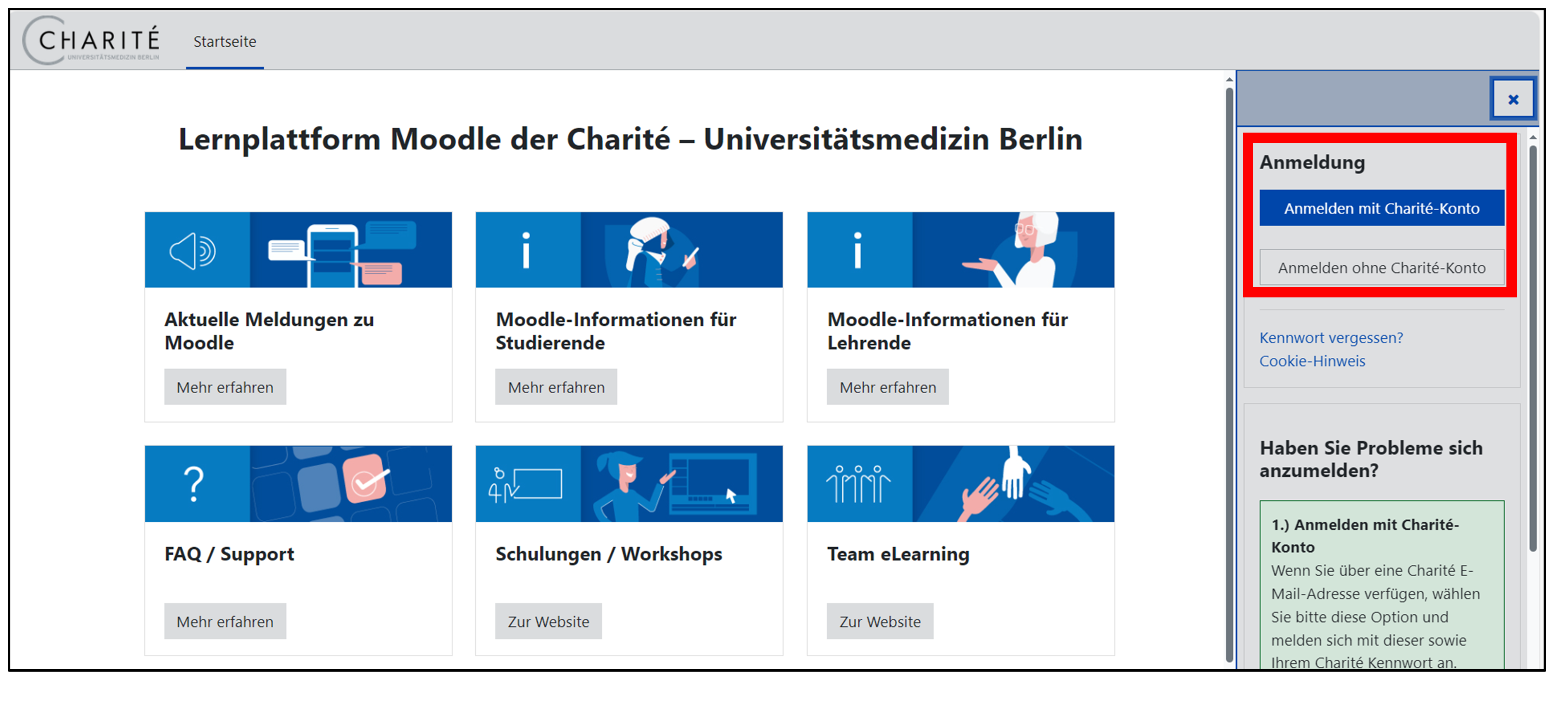 Das Bild zeigt den Login. Die befindet sich auf der rechten Seite auf der Startseite von Moodle. 