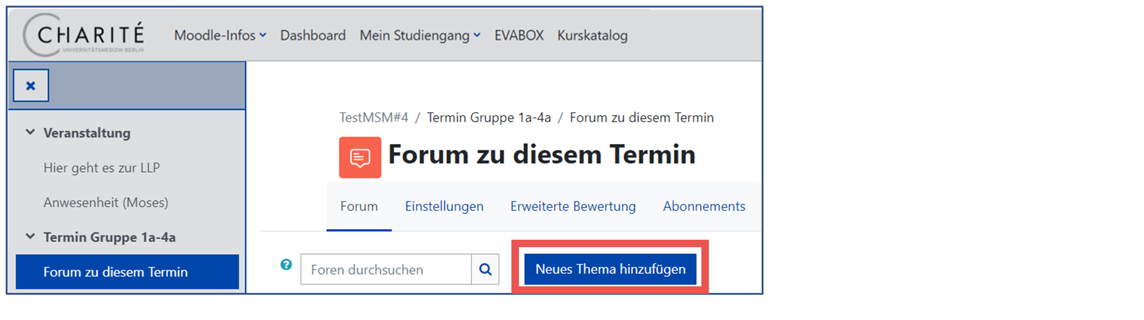 Das Bild zeigt das Forum zu diesem Termin. Der Button Neues Thema hinzufügen ist mit einem roten Kasten umrandet.