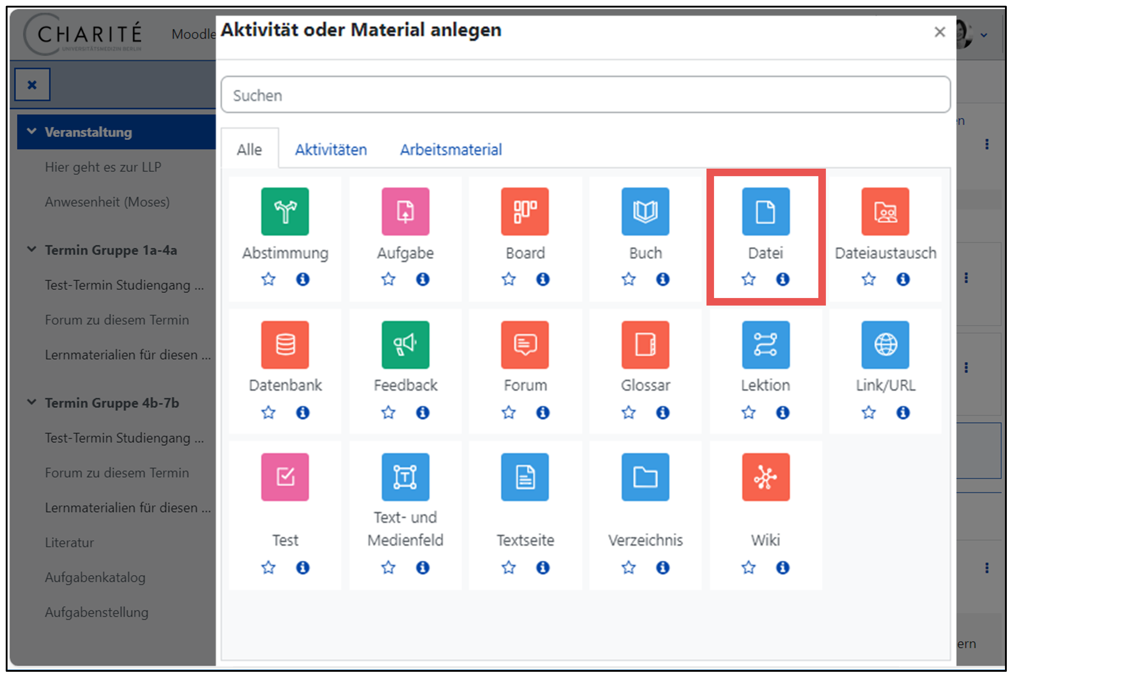 Das Bild zeigt die verschiedenen Aktivitäten und Material. Die Option Datei ist ausgewählt. 