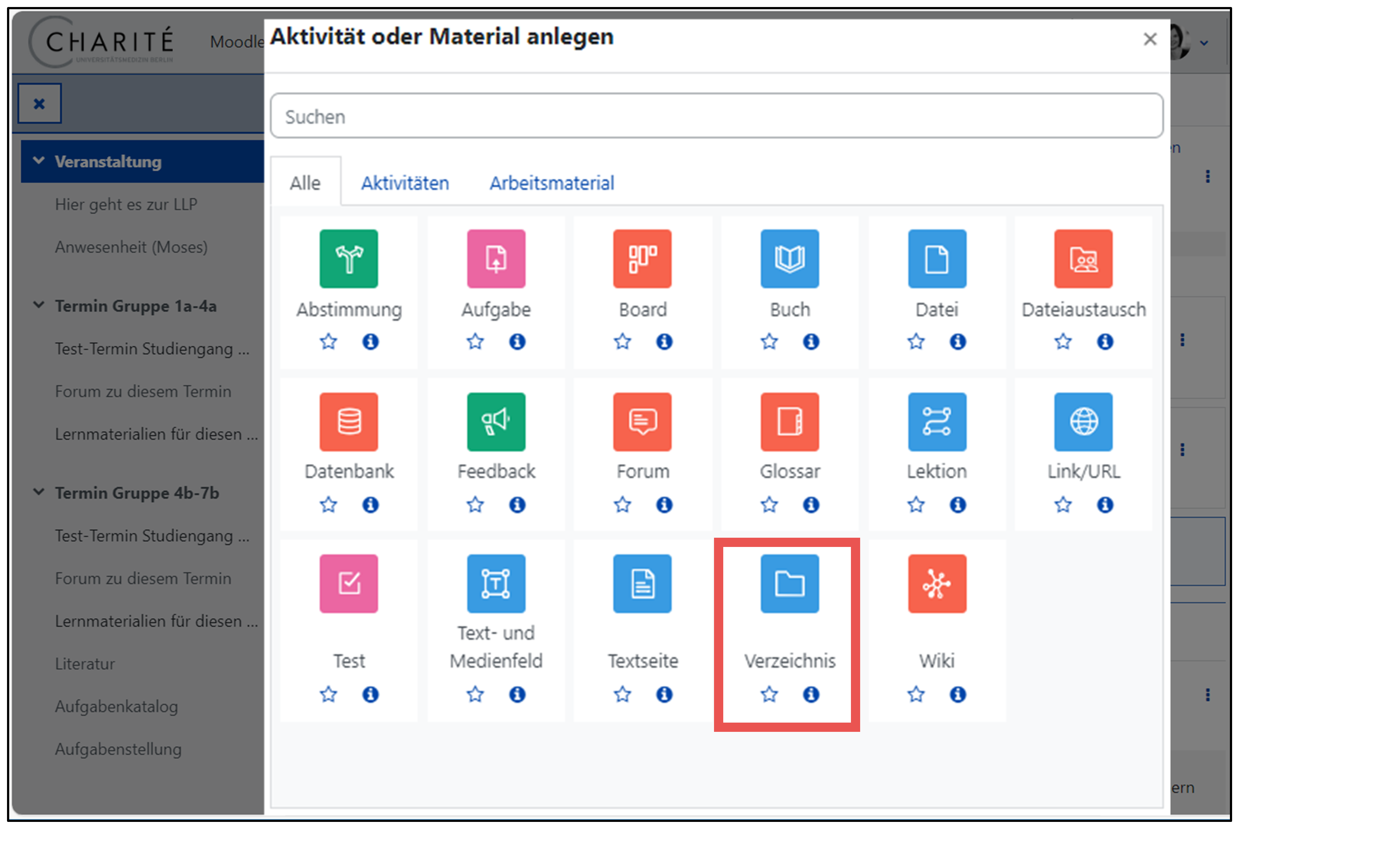 Das Bild zeigt die verschiedenen Aktivitäten und Material. Die Option Verzeichnis ist ausgewählt. 