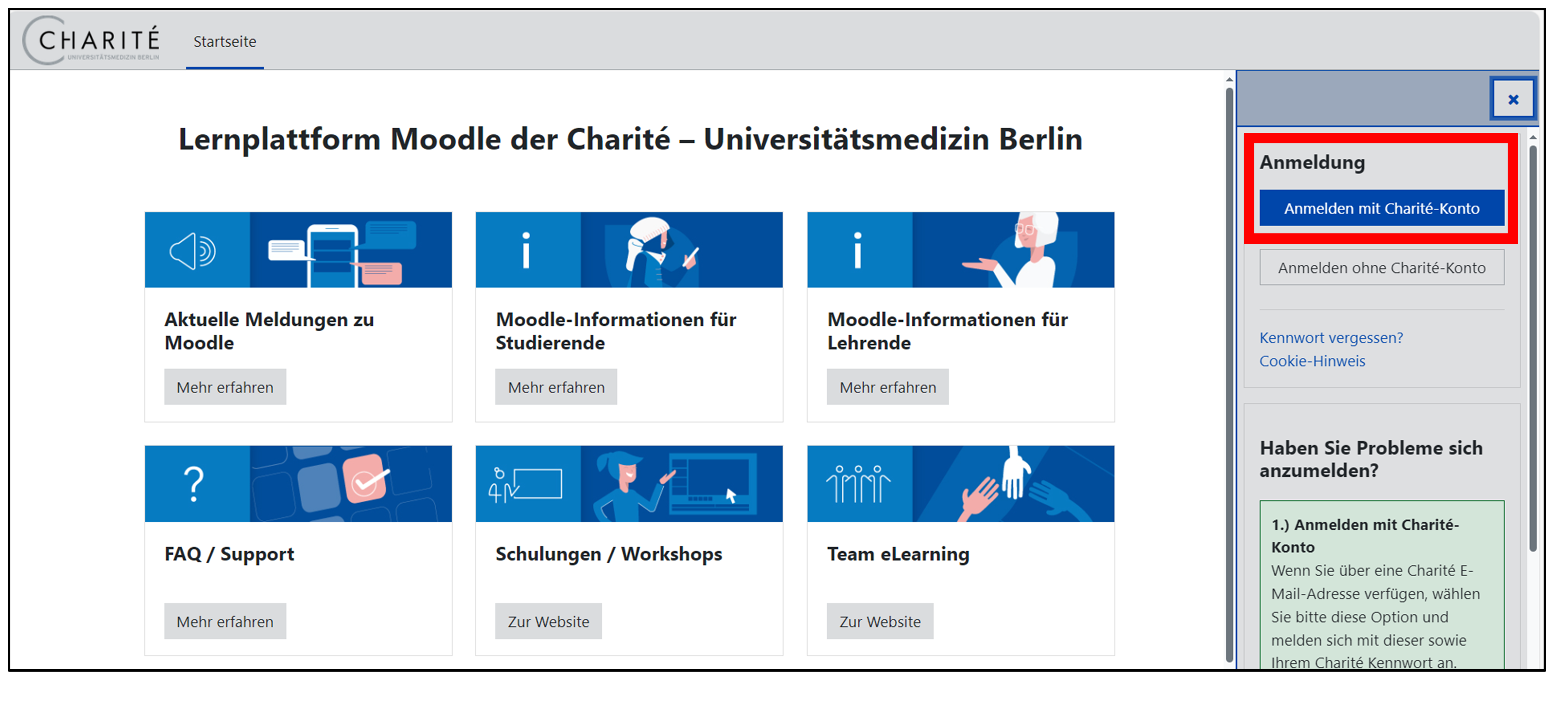 Das Bild zeigt den Login. Die befindet sich auf der rechten Seite auf der Startseite von Moodle. 