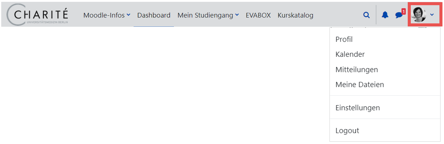 Das Bild zeigt die Kopfzeile. Rechts befindet sich das Nutzerkonto, wo das Dropdown-Menü geöffnet ist. 