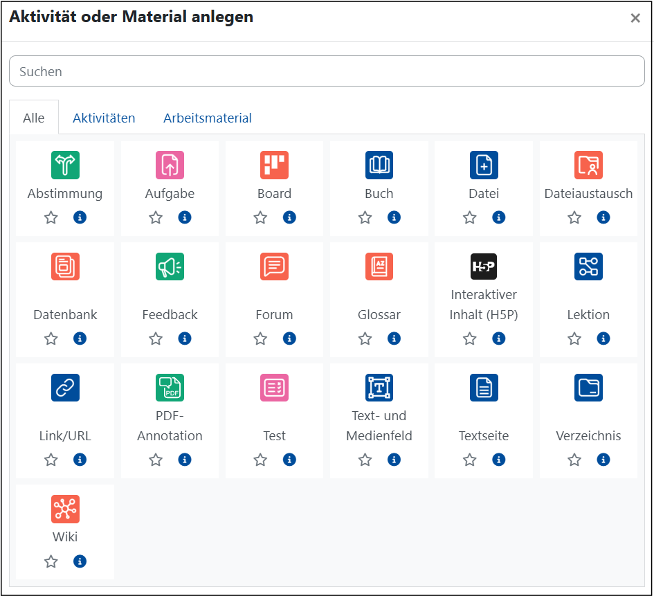 Übersicht über Aktivität oder Material anlegen