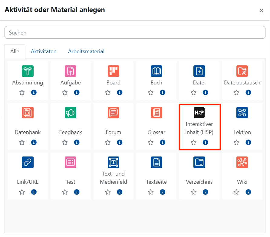Es wird die Auswahl von Aktivitäten oder Materialen anlegen angezeigt. Das Icon H5P ist rot umrandet.