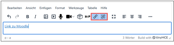 Moodle-Editor: Icons für Link und Link entfernen sind markiert