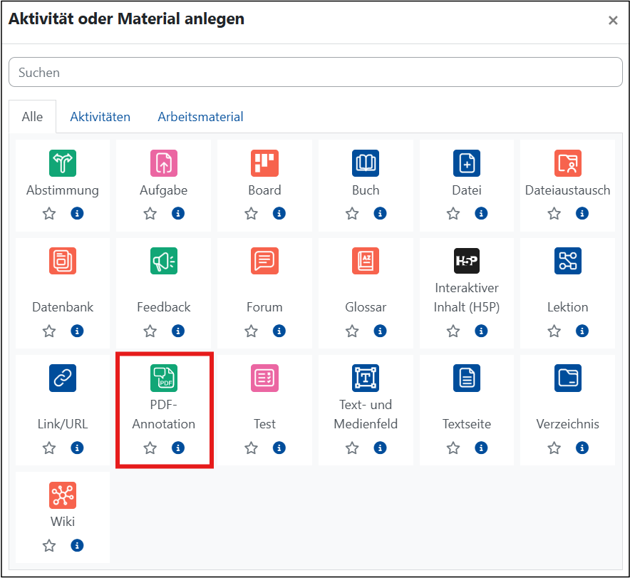 Es wird die Auswahl von Aktivitäten oder Materialen anlegen angezeigt. Das Icon PDF Annotation ist rot umrandet.