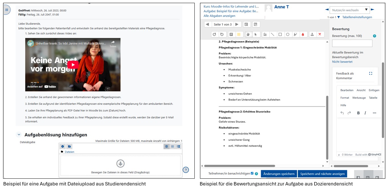Dateiupload aus Studierendensicht und Bewertungsansicht aus Dozierendensicht
