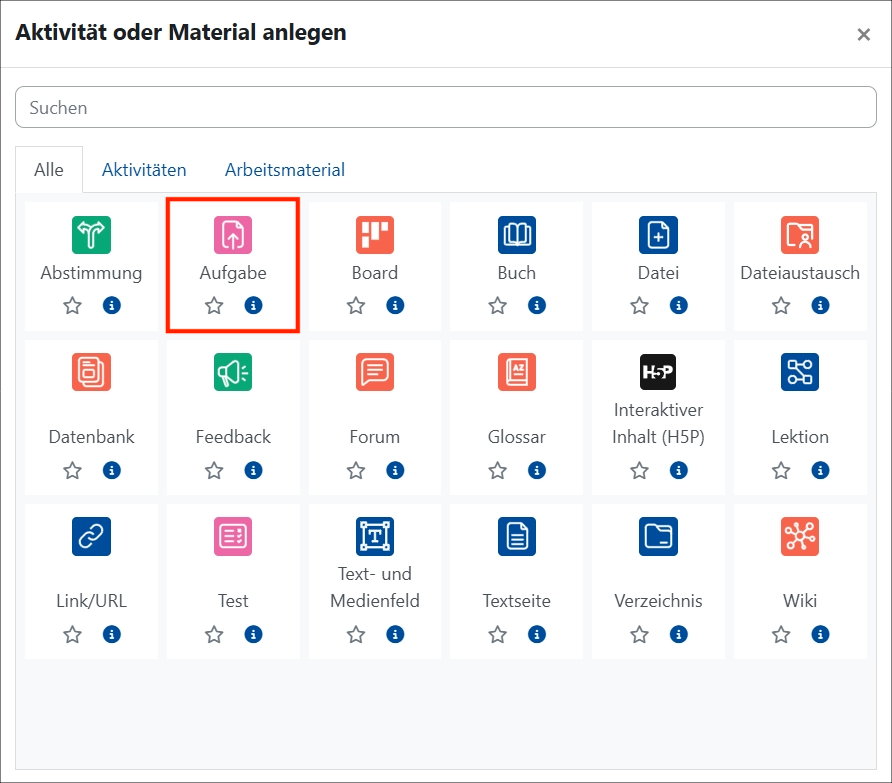 Es wird die Auswahl von Aktivitäten oder Materialen anlegen angezeigt. Das Icon Aufgabe ist rot umrandet.
