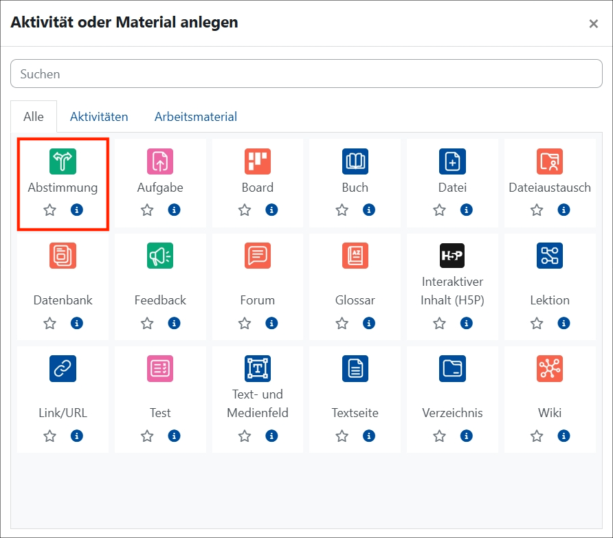 Es wird die Auswahl von Aktivitäten oder Materialen anlegen angezeigt. Das Icon Abstimmung ist rot umrandet.